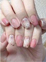 Shein 30pcs Short Square Pink Sakura Glitter False Nails -.