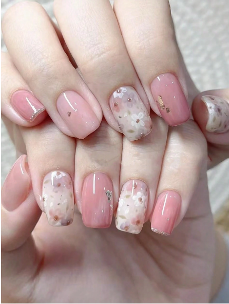 Shein 30pcs Short Square Pink Sakura Glitter False Nails -.