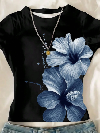 Shein Teen Girl Floral Short Style Fitted Crew Neck T-Shirt, 13T