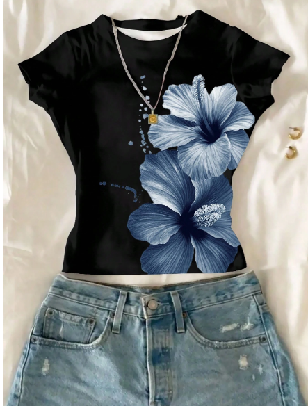Shein Teen Girl Floral Short Style Fitted Crew Neck T-Shirt, 13T -.