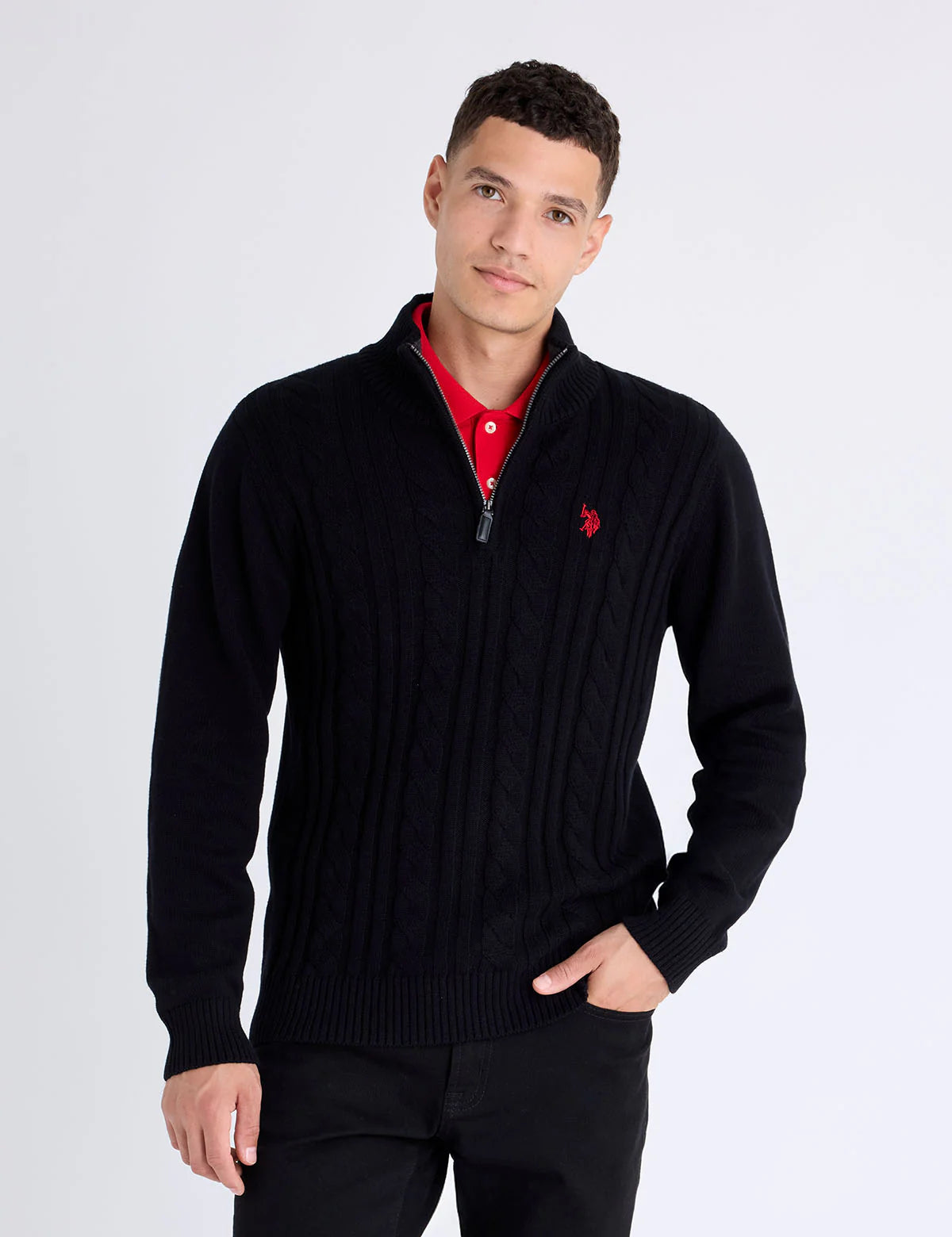 U.S. Polo 1/4 Zip Cotton Cable Sweater, Black, M +