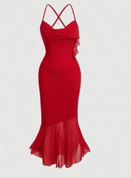 Shein Red Prom Ruffle Date Night Ruched Mermaid Hem Cami Dress, L +