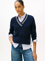 Tommy Cable Knit V-Neck Sweater, L +