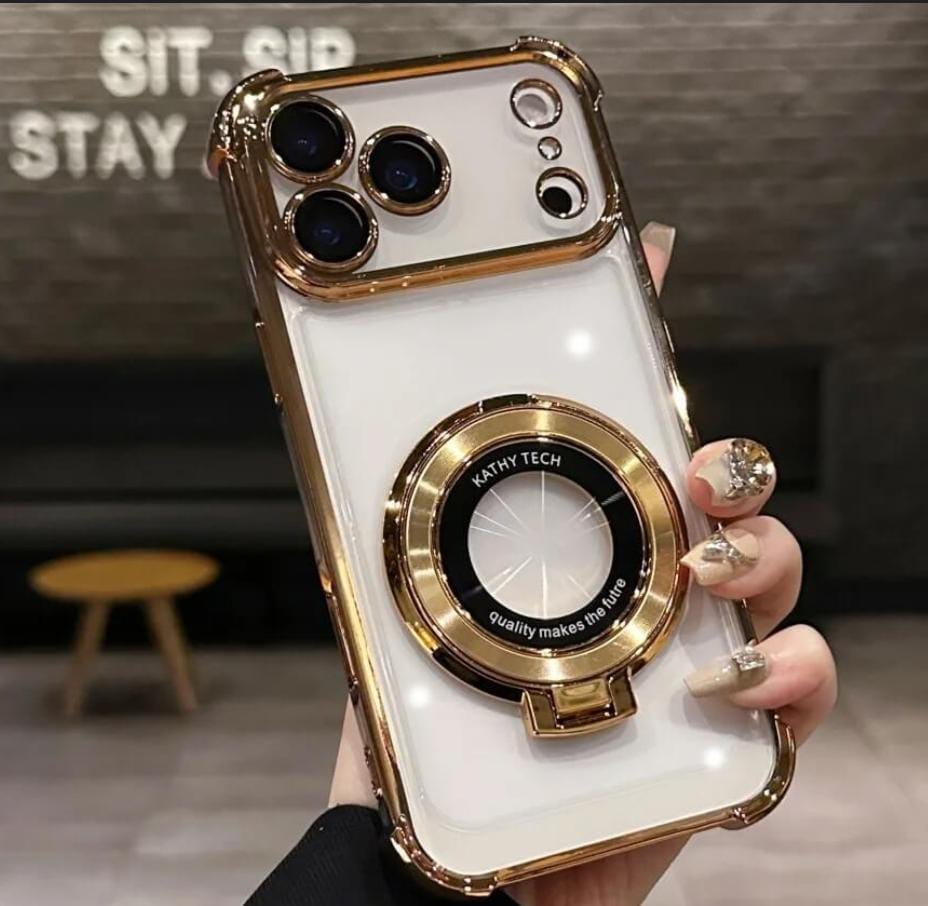 Luxury Electroplated Clear Gold Phone Case With Ring Magnetic Stand Holder>