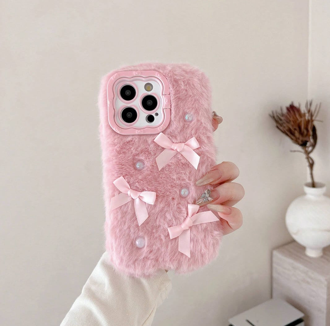 New Autumn/Winter 3D Pearl Bow Plush Phone Case For Iphone>