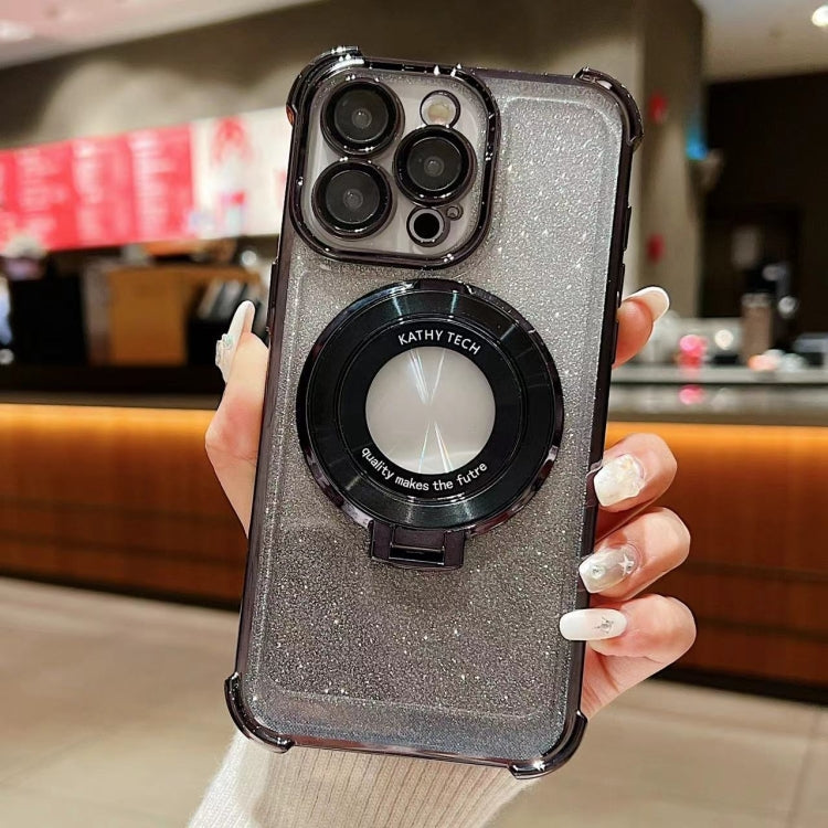 Luxury Electroplated Black Phone Case, Creative Rotating Ring Magnetic Holder, Sparkling Rhinestone Style, Anti-Fall And Shock-Proof>