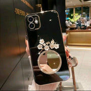 1pc Electroplated TPU Luxury Soft Full Covered Rhinestone Mirror & Metal Branch Decor Phone Case>