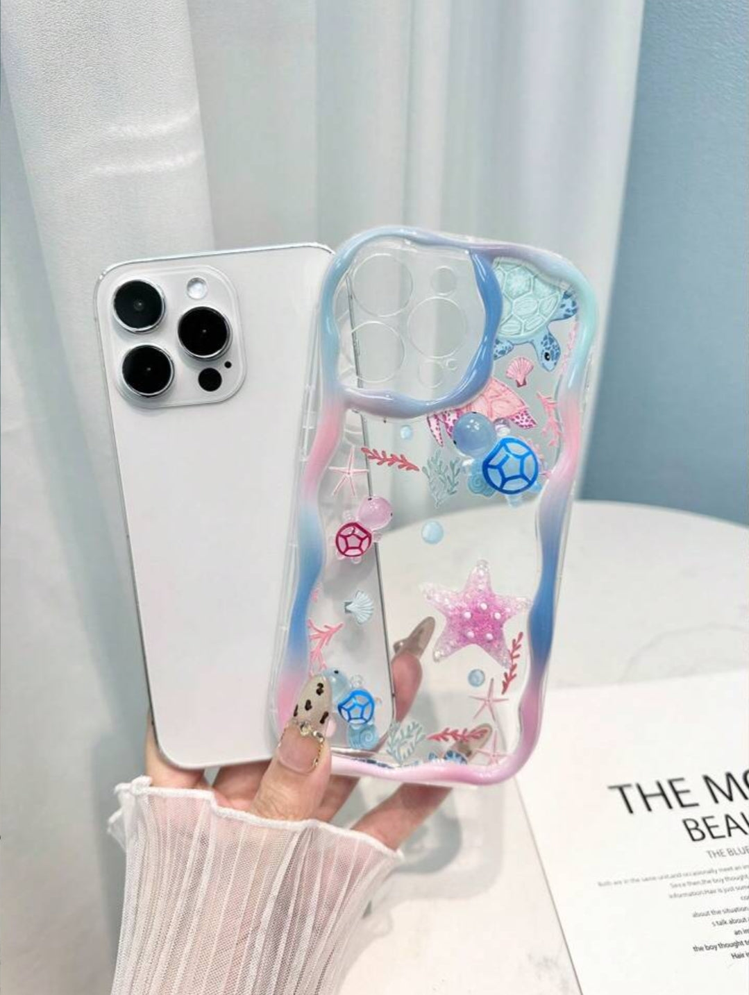 Glowing Purple Turtle, Seashell And Starfish Accessories, Simple Wave Edge Cream-Colored Printed Anti-Drop Thickened Phone Protective Case>
