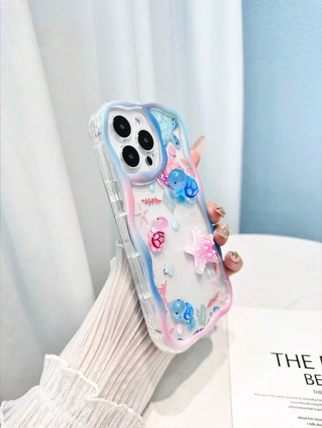 Glowing Purple Turtle, Seashell And Starfish Accessories, Simple Wave Edge Cream-Colored Printed Anti-Drop Thickened Phone Protective Case>