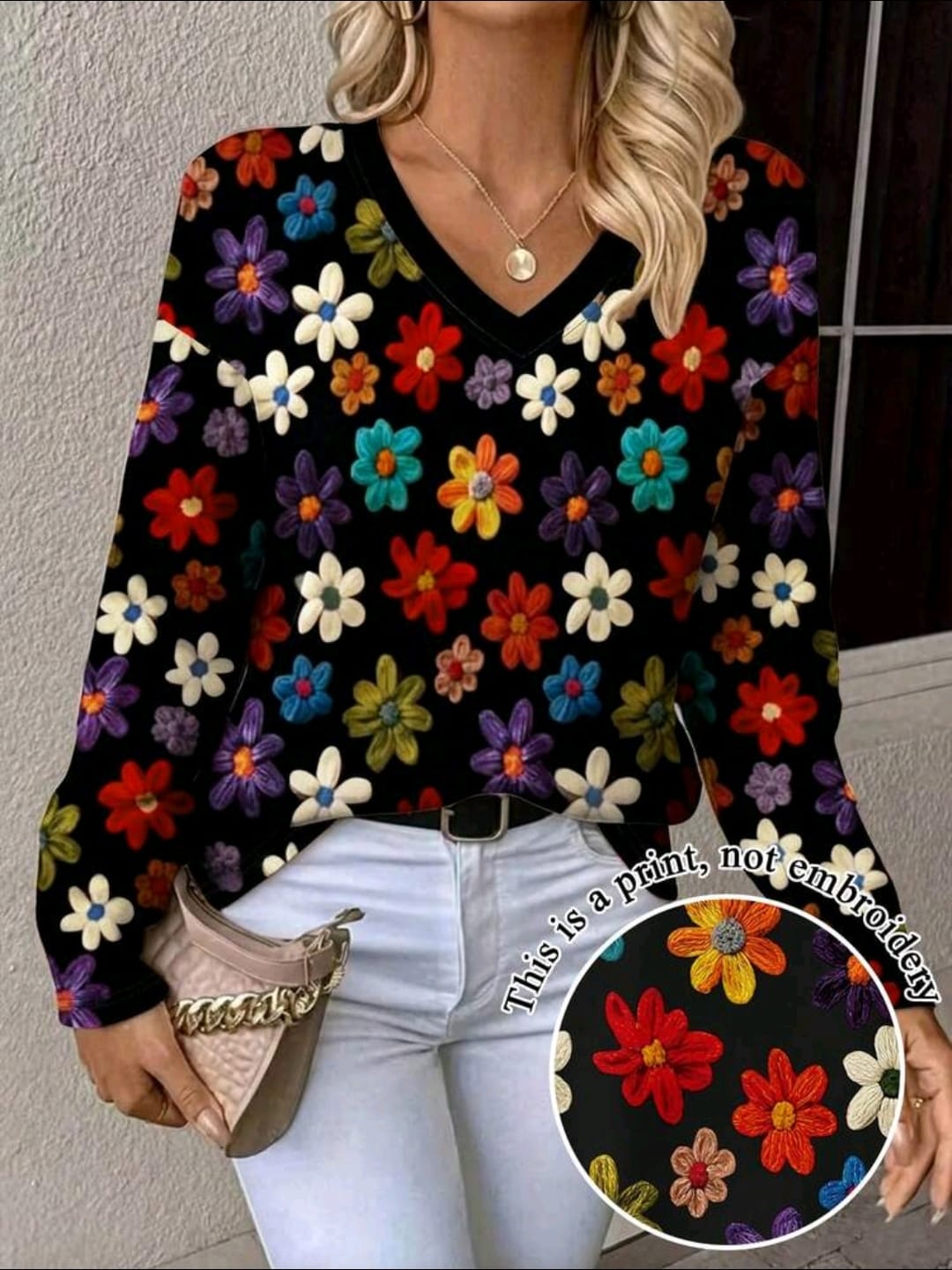Shein Black Floral V-Neck Long Sleeve Elegant Floral Print T-Shirt, XL >