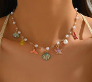 Shein 1pc Women's Gold Starfish & Shell Faux Pearl Necklace>