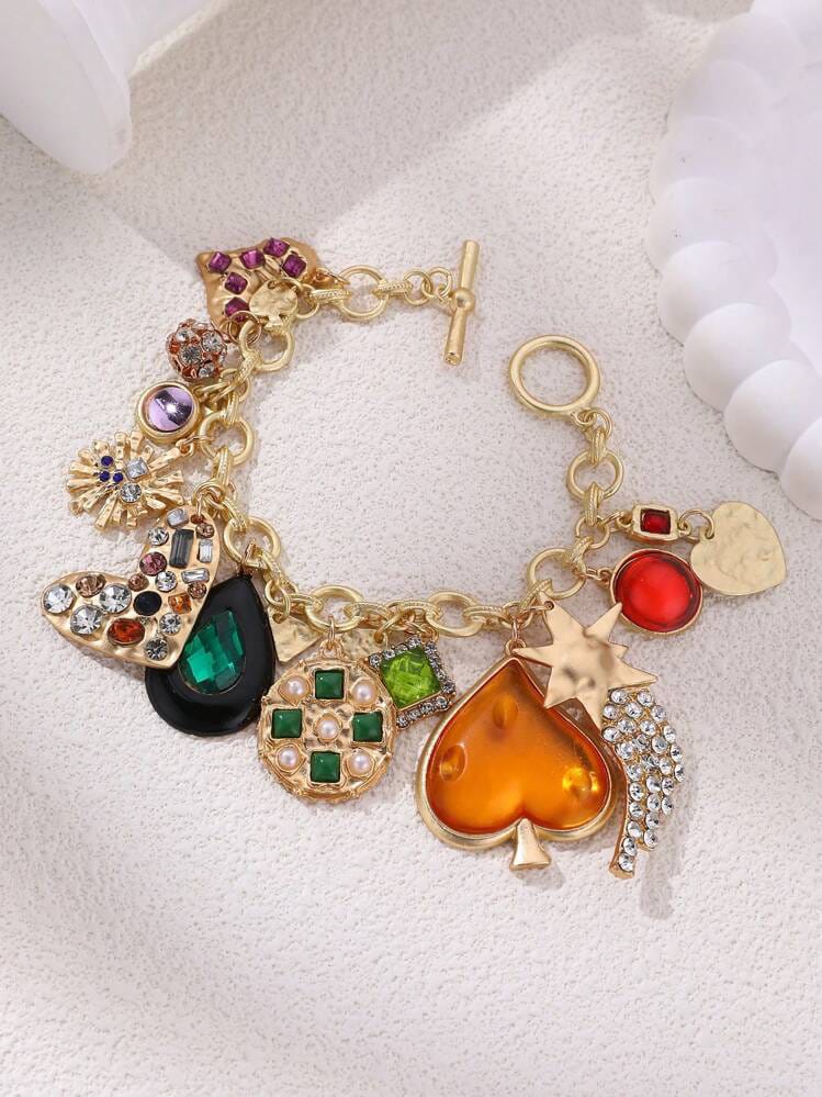Shein 1pc Exaggerate Luxury Gold Heart Locket Charm Flower, Heart, Cherry Water Drop Rhinestone Decor Bracelet>