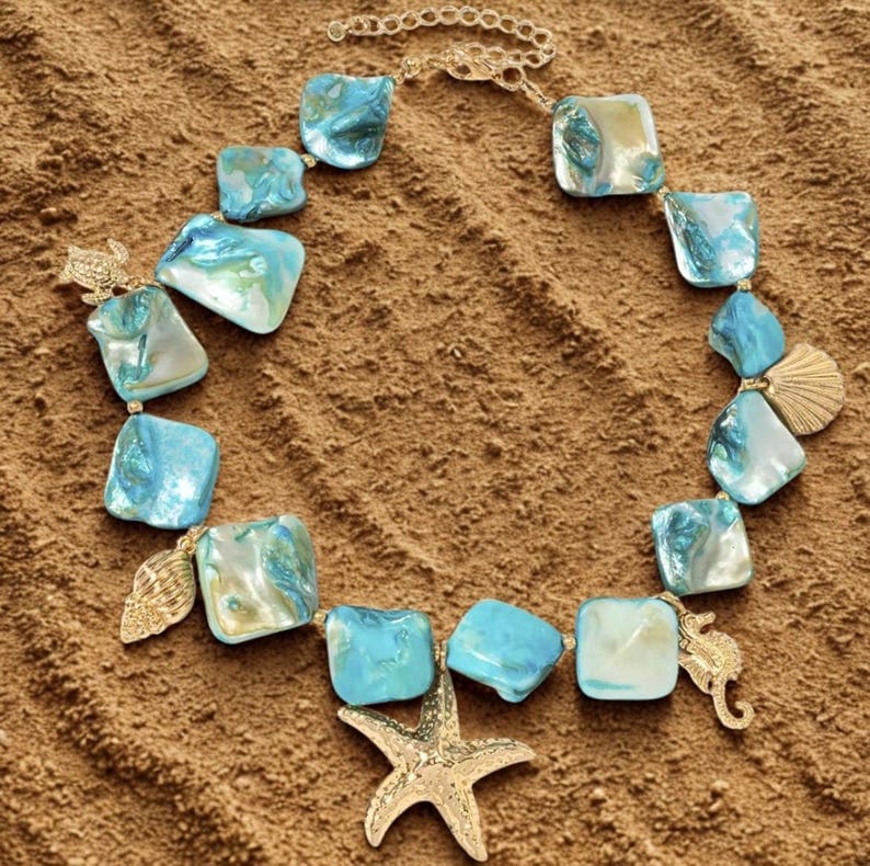 Shein Boho Sea Turtle Necklace Blue Stone Beach Pendant >