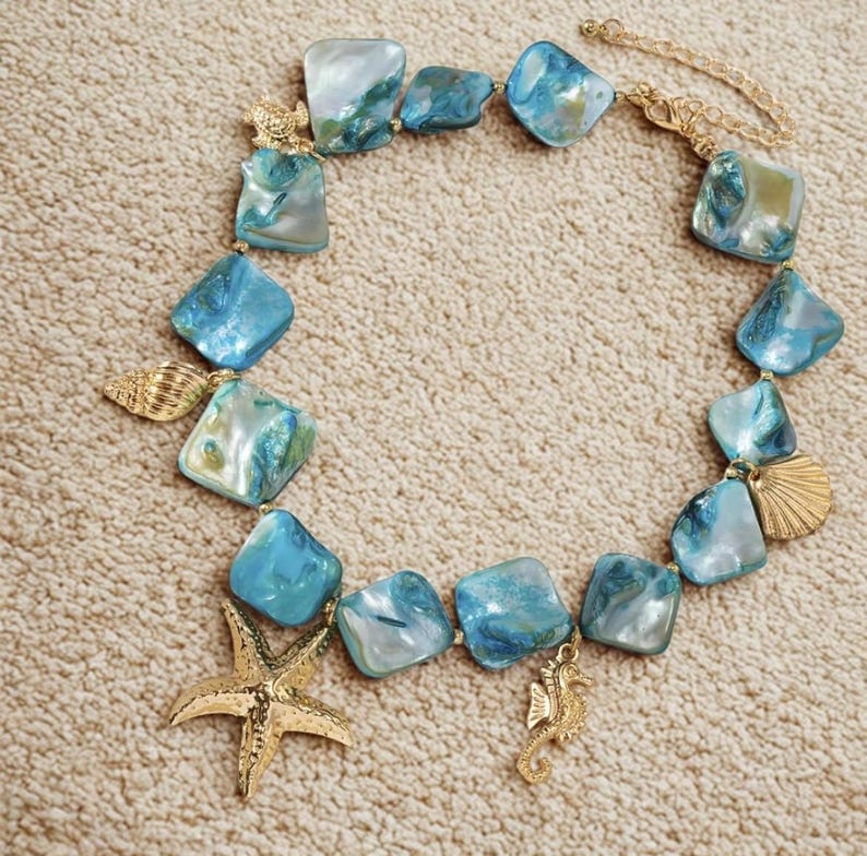 Shein Boho Sea Turtle Necklace Blue Stone Beach Pendant >