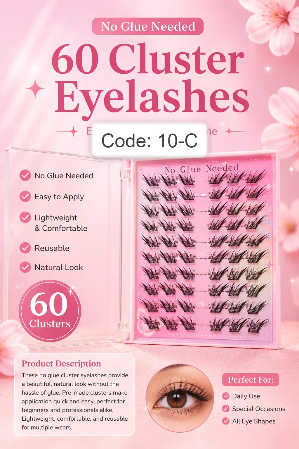 Shein 60 Cluster No Glue Needed Eyelashes, Code: 10-C >