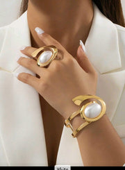 Shein 1 Set Exaggerated Metal Inlaid Pearl Half-Bangle Women Bracelet Ring Jewelry Mini Accessory Set >