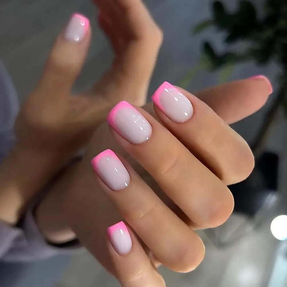 Shein 24Pcs Short Square Glossy Fake Nails With Hot Pink French Tips-.