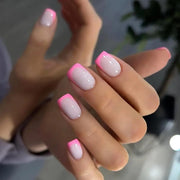 Shein 24Pcs Short Square Glossy Fake Nails With Hot Pink French Tips-.