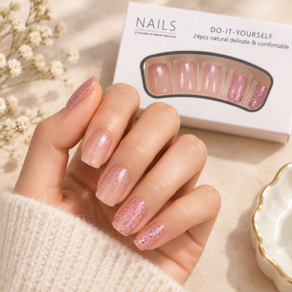 Shein 24pcs Glitter Press on Nails Short Square - French Fake Nails >