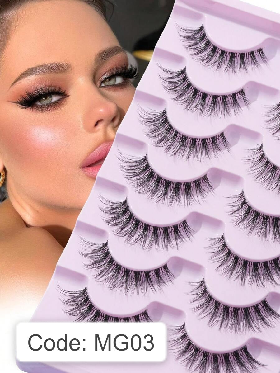 Shein 7pairs Natural D Curl Crossed False Eyelashes With Transparent Stems, Code: MG03 -.