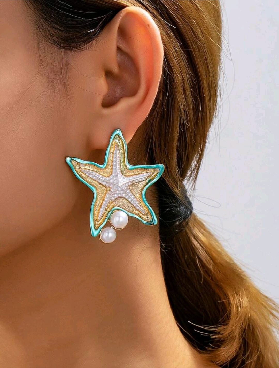 Shein Ocean Starfish Pearl Enamel Earrings >