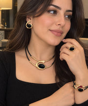 Shein Elegant Black Onyx Gold-Tone Jewelry Set – Necklace, Bracelet, Earrings & Ring >