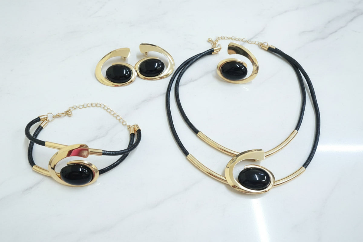 Shein Elegant Black Onyx Gold-Tone Jewelry Set – Necklace, Bracelet, Earrings & Ring >