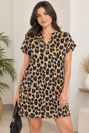 Shein Leopard Print Short Sleeve V-Neck Mini Dress, M >
