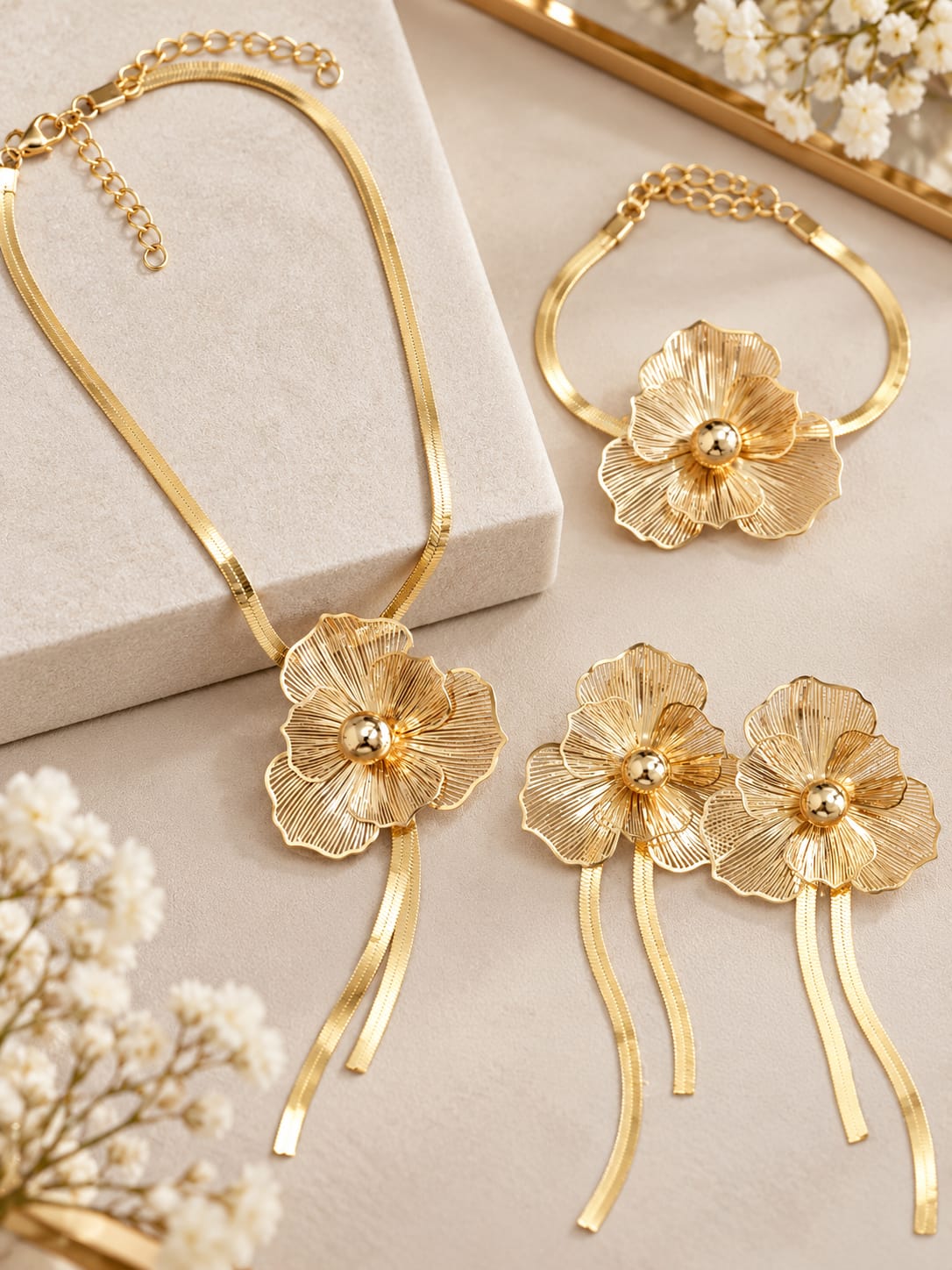 Shein Elegant Gold Floral Jewelry Set – Necklace, Bracelet & Drop Earrings >