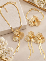 Shein Elegant Gold Floral Jewelry Set – Necklace, Bracelet & Drop Earrings >