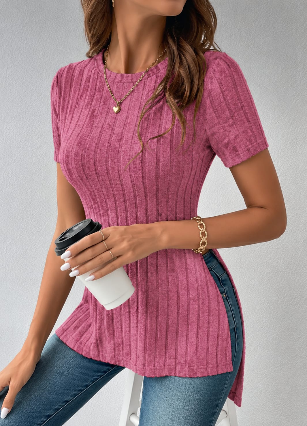 Shein Women’s Pink Ribbed Short Sleeve Knit Top – Fitted Casual Tunic, M