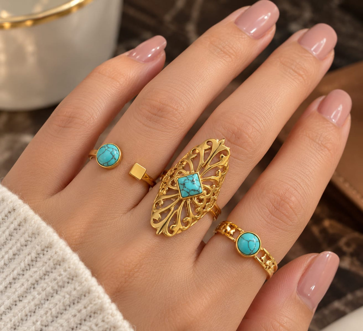 Shein Turquoise & Gold Statement Ring Set – 3-Piece Collection