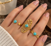 Shein Turquoise & Gold Statement Ring Set – 3-Piece Collection