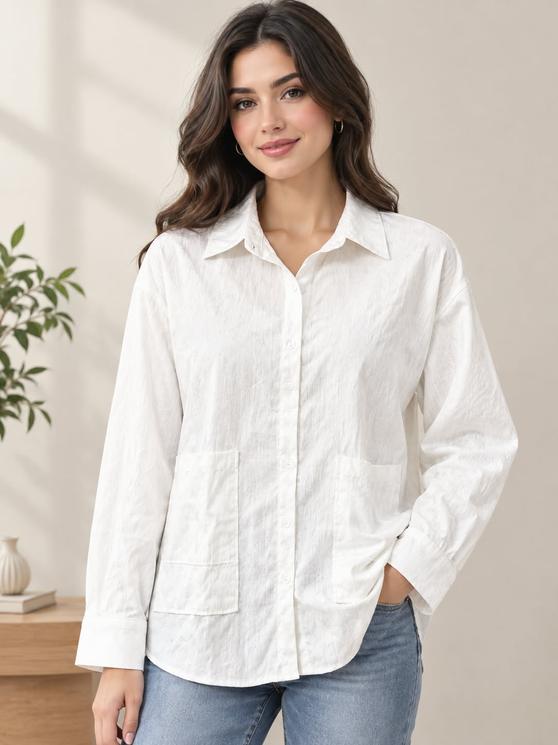 Shein Women’s White Textured Button-Up Shirt with Collar & Front Patch Pockets, M