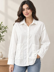 Shein Women’s White Textured Button-Up Shirt with Collar & Front Patch Pockets, M