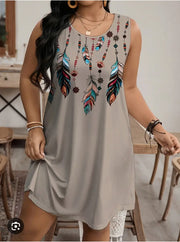 Shein Women’s Sleeveless Printed Tunic Dress with Colorful Feather & Boho Design, 0XL