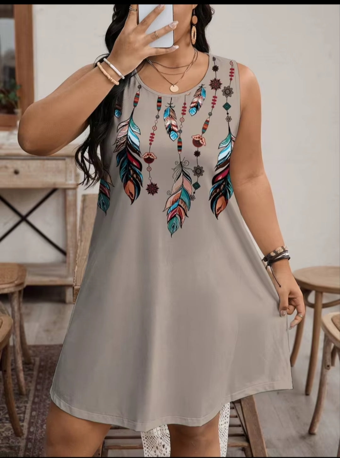 Shein Women’s Sleeveless Printed Tunic Dress with Colorful Feather & Boho Design, 0XL