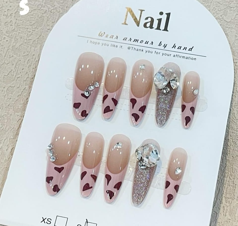Shein Pink & Burgundy Heart Press-On Nails with Rhinestones and Glitter
