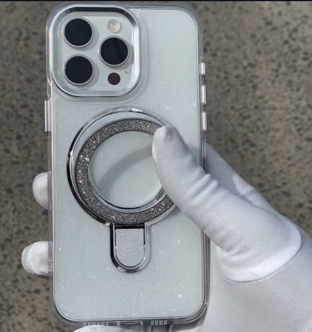 1pc Transparent Electroplated Shockproof Silicone Phone Case With Glitter Sliding Kickstand, Iphone 13 pro max>