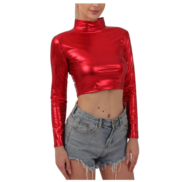 Shein Women's Metallic Liquid Mock Neck Crop Top, L */