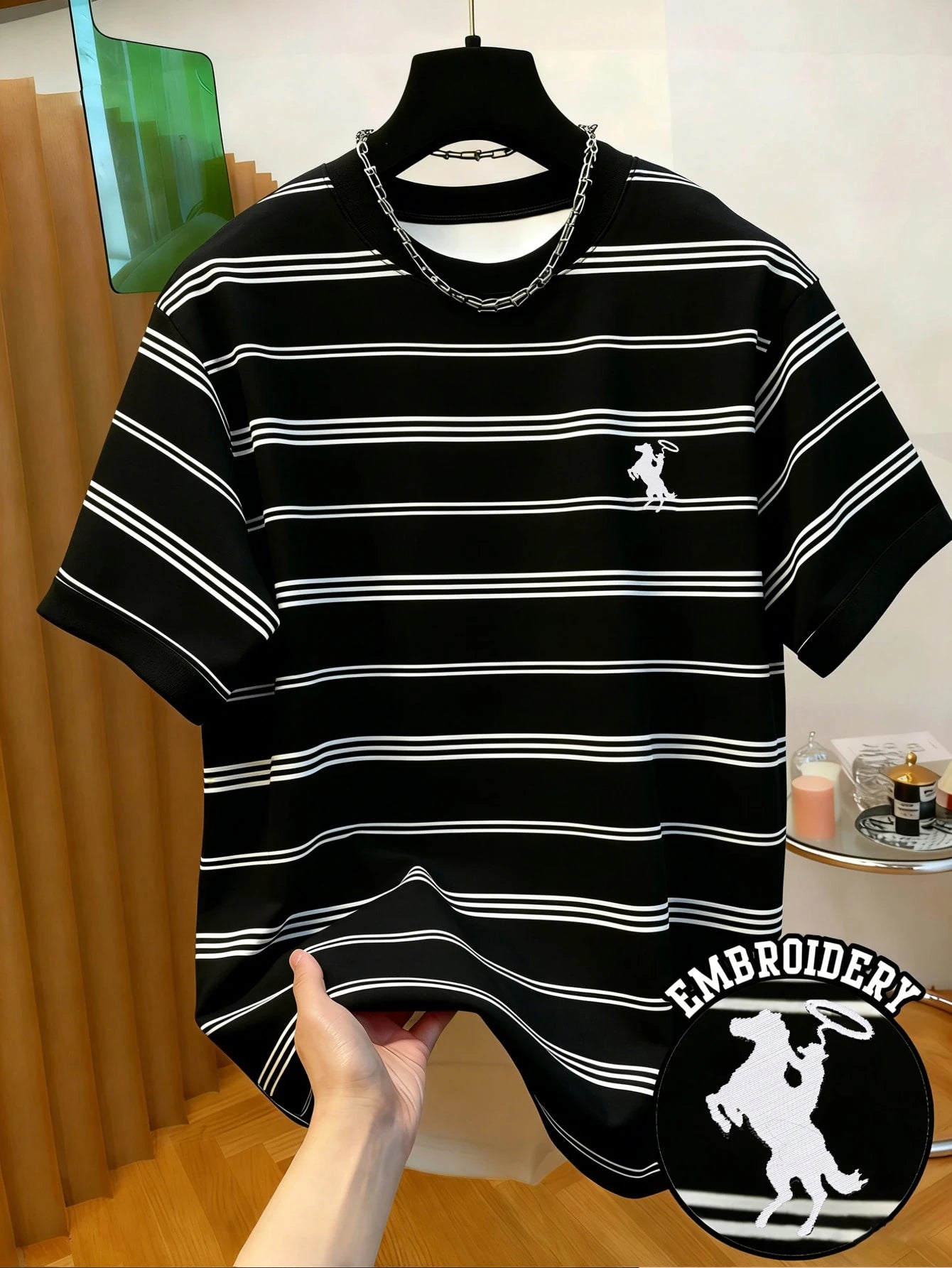 Men's Casual Striped Horse Print Round Neck Short Sleeve T-Shirt