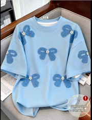 Shein Round Neck Digital Print Bow Rivet T-Shirt Blouse, XL>