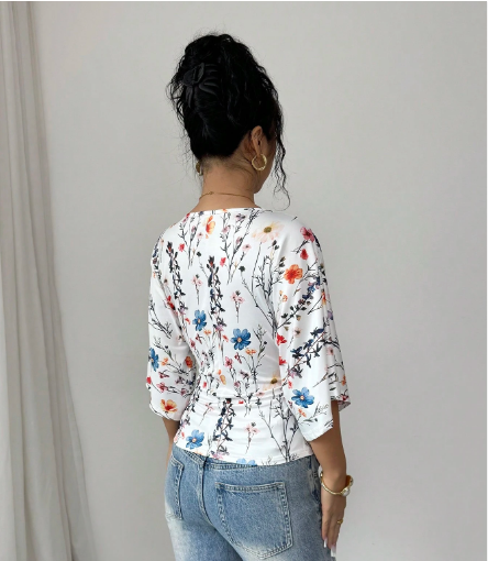 Shein Women's White Floral Ditsy Floral Ruched Waist Fitted Short Sleeve T-Shirt, XL-.