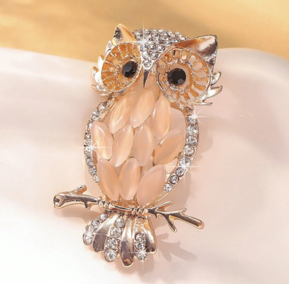 Shein 1pc Gold-Tone Cat Eye Stone Owl Brooch