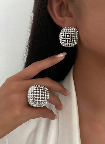 Shein 3pcs Women's Metal Hollow Geometric Semi-Sphere & Circle Design Earrings And Ring Set,