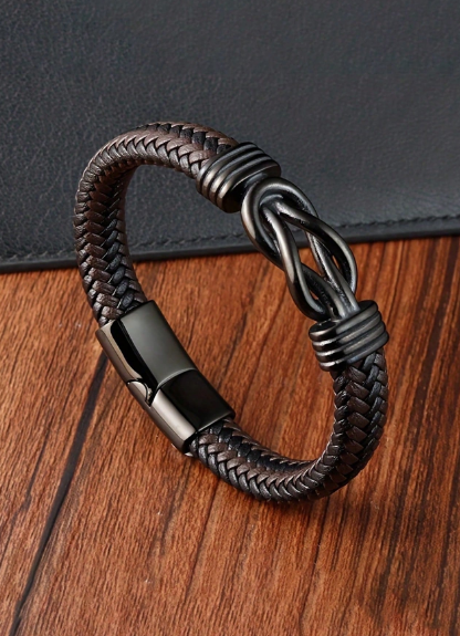 1pc Men's Braided PU Leather Infinity Knot Bracelet, Magnetic Clasp Punk Wristband