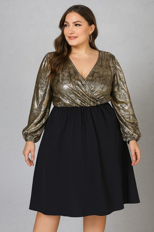 Shein Plus-Size Dress with Metallic Gold Top and Flowing Black Skirt — Perfect for Evening Glam, 4XL +