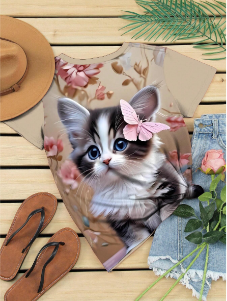 Shein Round Neck Cat Print Casual Short Sleeve T-Shirt, XL -.