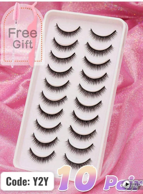 Shein 10/5/1 Pair Natural C Curl False Eyelashes Fluffy Soft Dramatic 3D Mink Lashes with Tools, Code: Y2Y +