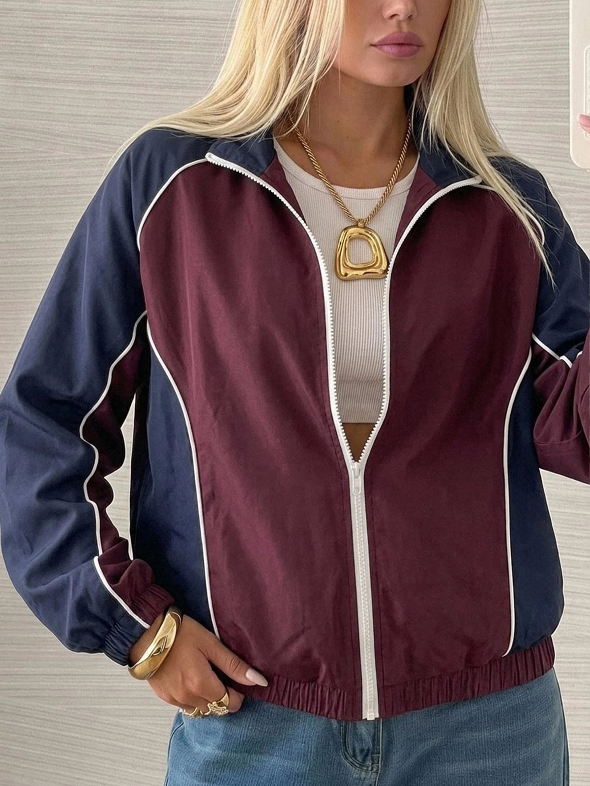Women's Colorblock Zip-Up Loose Short Jacket